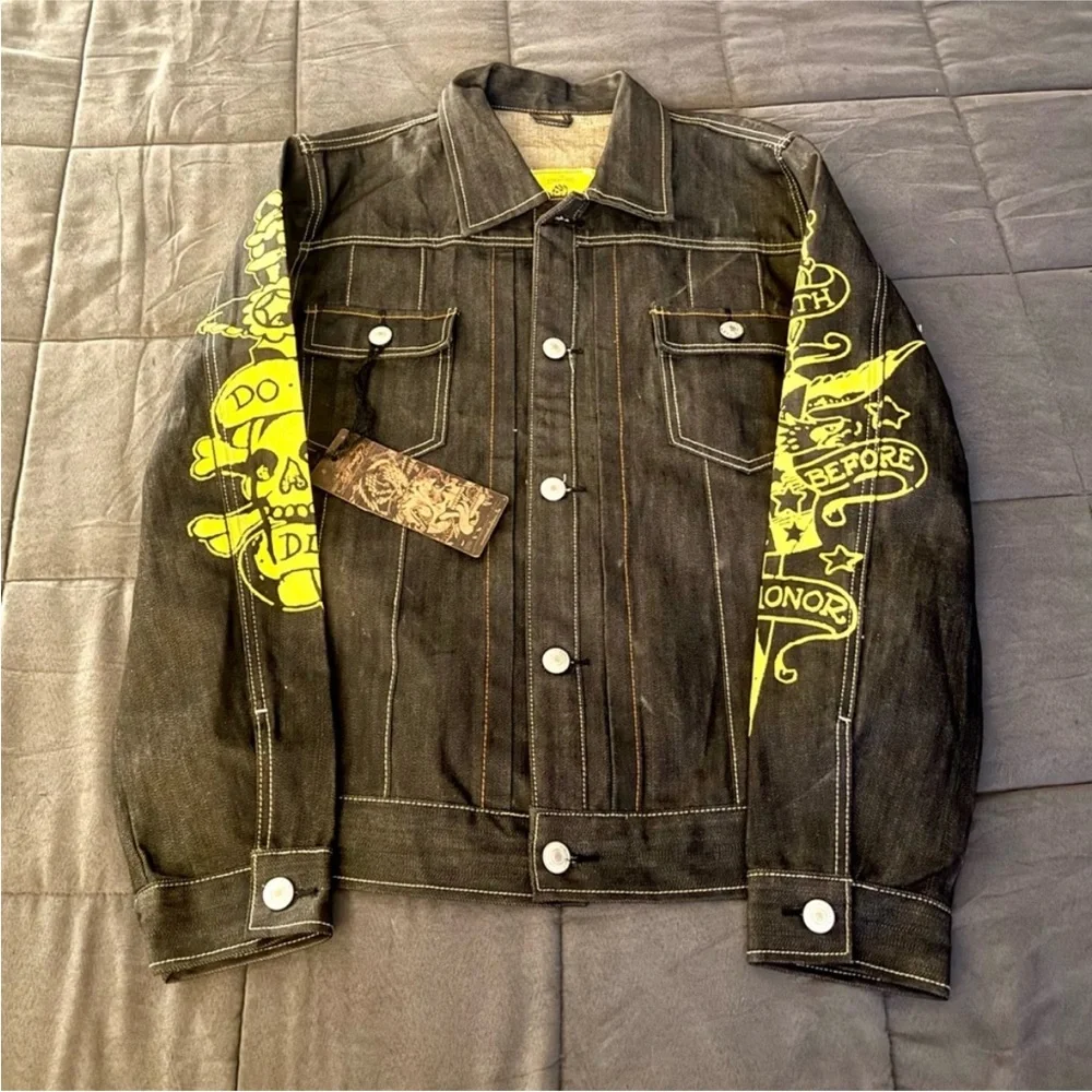 Ed Hardy Black Jacket with Vibrant Yellow Tattoo Inspired Skull Design NWT - Picture 4 of 10